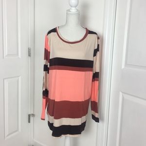Women Long Sleeve Striped Top Pink Brown Sequins